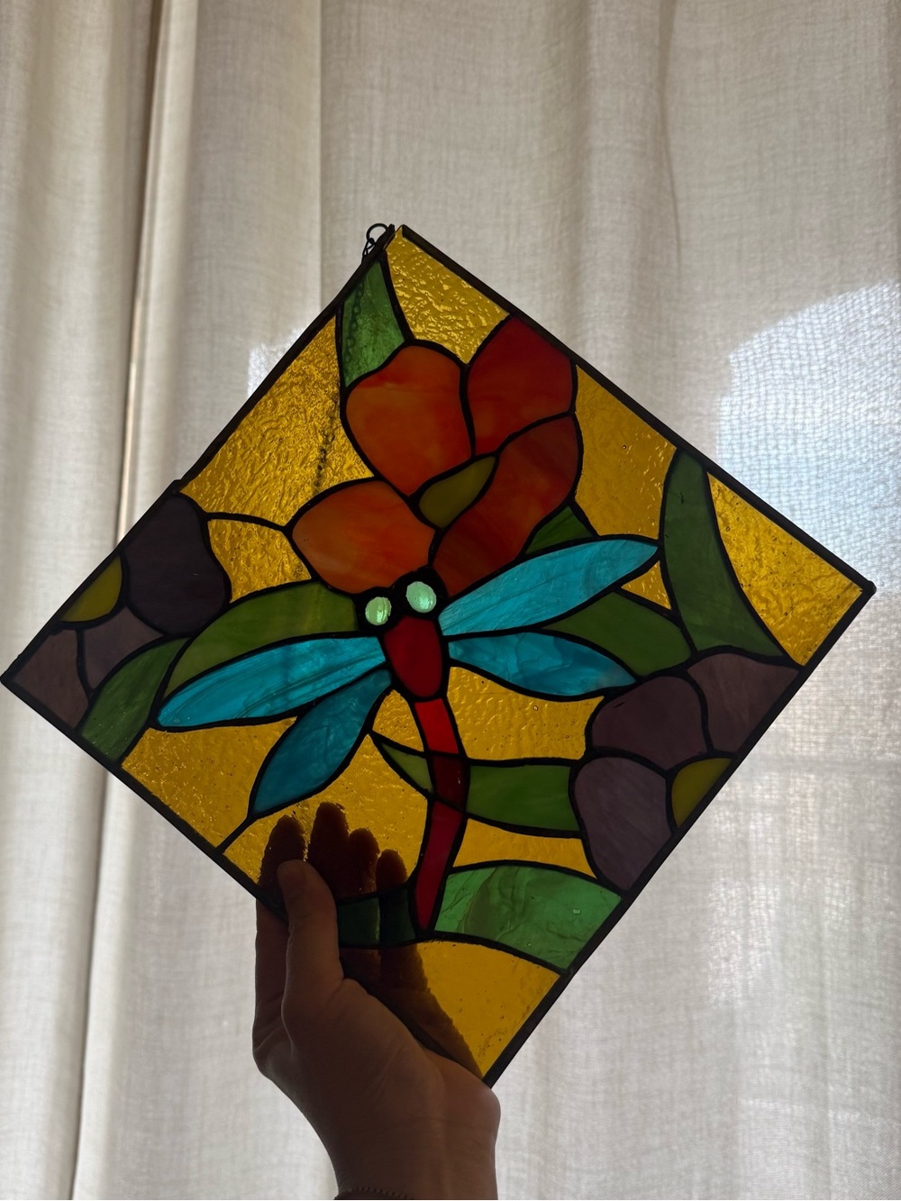 Vintage Dragonfly Stained Glass Panel with Yellow Field rare